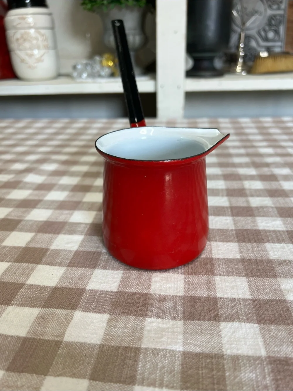 Vintage Hong Kong coffee briki melting pot ladle red black white enamel